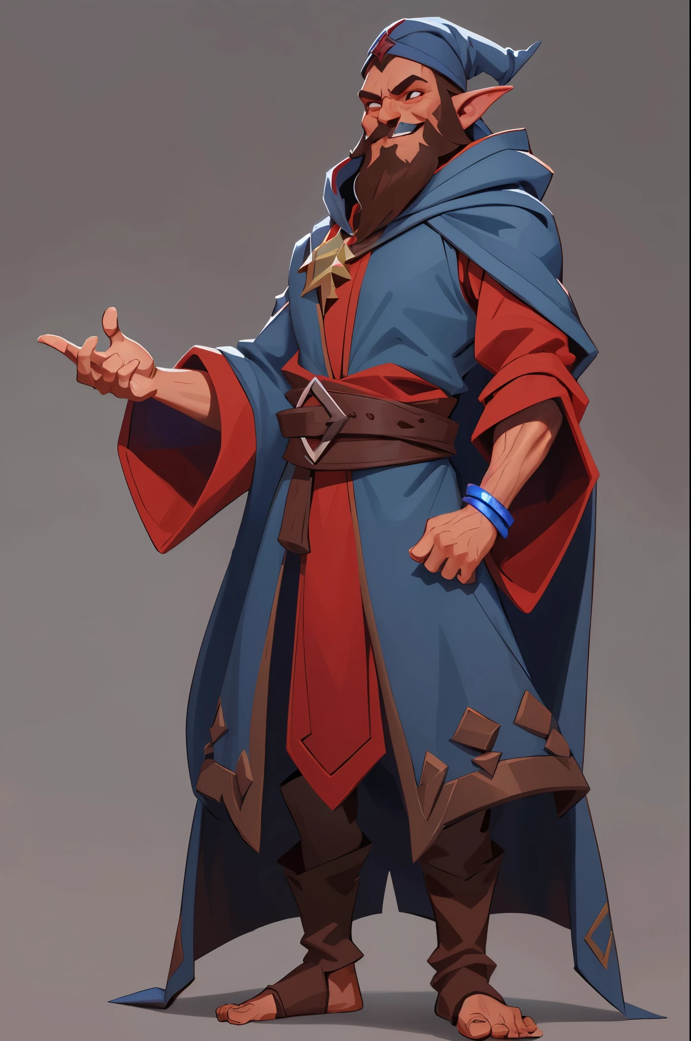 1boy, goblin ((RED skin)), pointed ears, broad nose, ((DARK BROWN BEARD)), wearing wizard robe (blue), pointed cap (red), mstoconcept art, european and american cartoons, game character design, solo, BACKGROUND, GRAY BACKGROUND, WIZARD, FULL BODY, STANDING, SMILING, ROBE, HOOD, JEWELRY, BRACELET, WIDE SLEEVES, BELT, GEMSTONE, LONG SLEEVES,