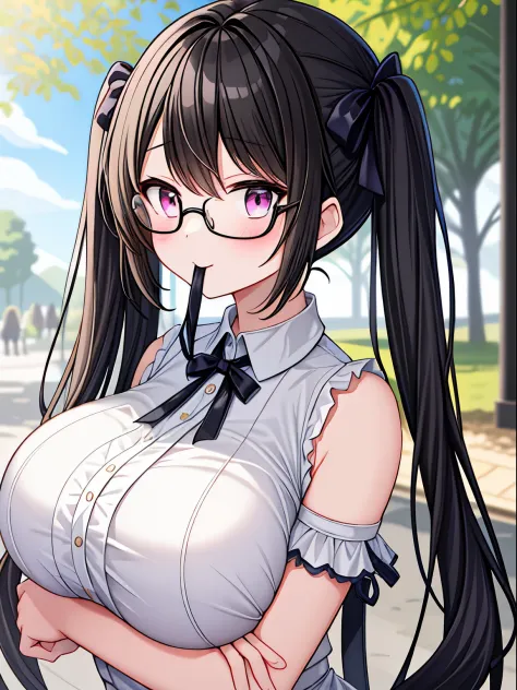 very detailed、masterpiece、high quality、one high school girl、10 years old、Loli、White dress,(black hair):1.2 Otaku,black hair, (pink eyes),(glasses), change,twin tails,sassy change，cheey change,girl,天才girl、(big breast):1.1,(blush):1.1、mouth slightly open,Day...