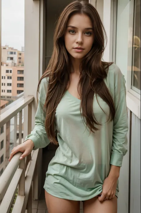 29 year old woman with dirty long brown hair, wearing trendy casual cloths, pink lips, posing in her balcony, dirty brown hair, green eyes, realistic photography