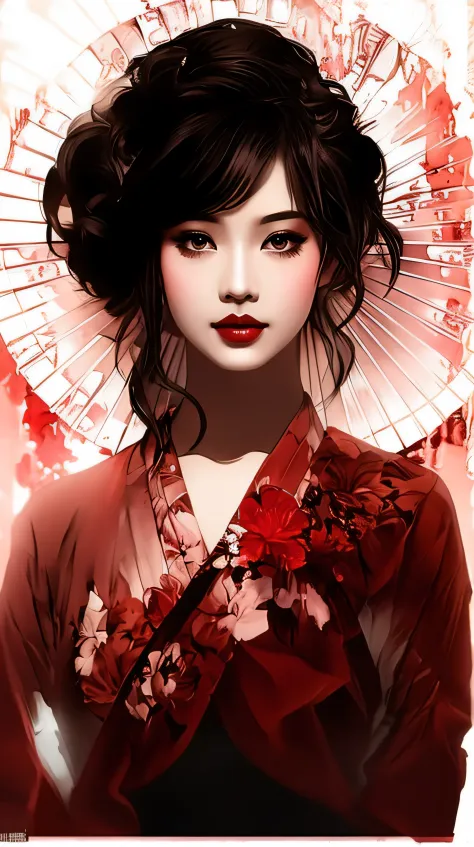 painting of a woman with a red flowered umbrella and a black and white background, ross tran 8 k, beautiful digital artwork, art...