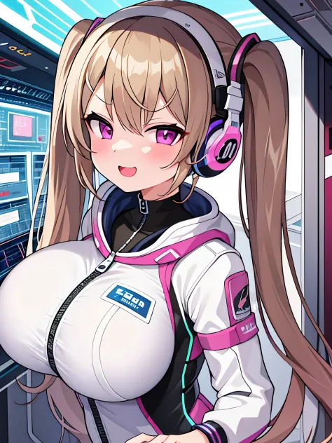 very detailed、masterpiece、high quality、one high school girl、12 years old、Loli、(blonde):1.7,(white and pink space suit)、front zipper、(Futuristic, Tight Fit Bodysuit)、headphone、Cyberpunk space station interior background、(blonde),ロングtwin tails, (pink eyes), ...