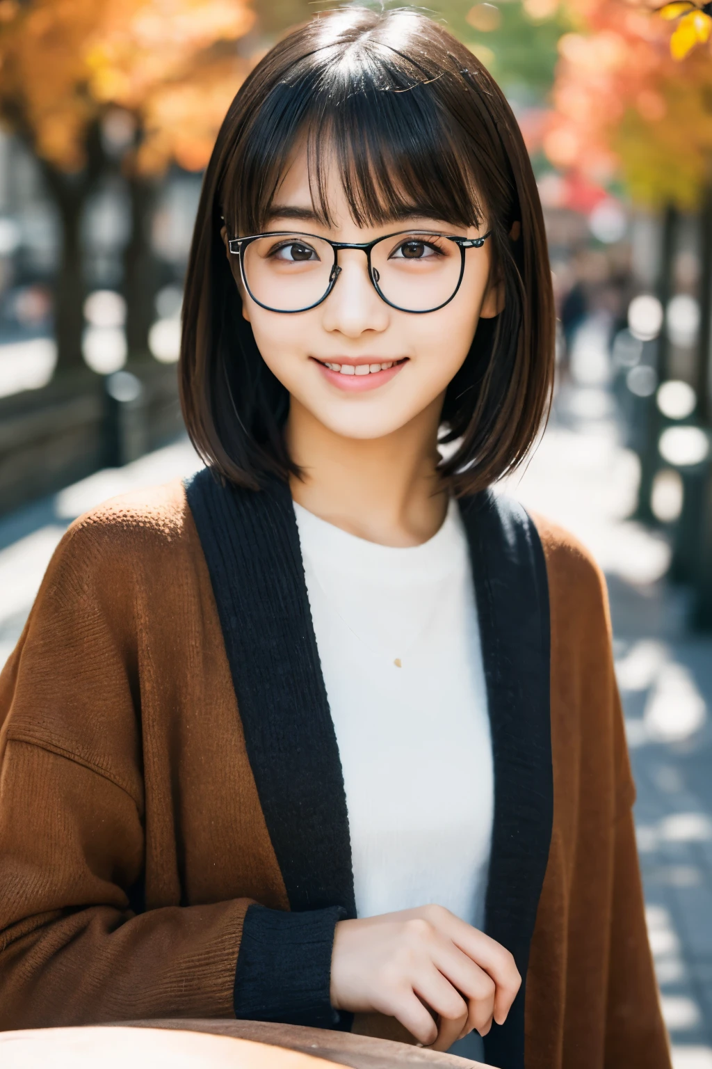 1 girl, (Wear casual fall clothes:1.2), (13 years old:1.5), young face, cute face, 
(RAW photo, highest quality), (realistic, Photoreal:1.4), table top, sharp focus, 
very delicate and beautiful, very detailed, 2k wallpaper, wonderful, finely, 
very detailed CG Unity 8K 壁紙, super detailed, High resolution, soft light, 
beautiful detailed girl, very detailed目と顔, beautifully detailed nose, beautiful and fine eyes, 
break
Autumn Street Corner, cinematic lighting, 
perfect anatomy, slender body, straight short hair, parted bangs, A big smile, looking at the viewer、black rim glasses