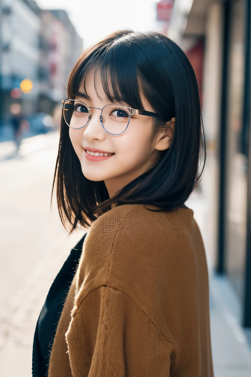 1 girl, (Wear casual fall clothes:1.2), (13 years old:1.5), young face, cute face, 
(RAW photo, highest quality), (realistic, Photoreal:1.4), table top, sharp focus, 
very delicate and beautiful, very detailed, 2k wallpaper, wonderful, finely, 
very detailed CG Unity 8K 壁紙, super detailed, High resolution, soft light, 
beautiful detailed girl, very detailed目と顔, beautifully detailed nose, beautiful and fine eyes, 
break
Autumn Street Corner, cinematic lighting, 
perfect anatomy, slender body, straight short hair, parted bangs, A big smile, looking at the viewer、black rim glasses