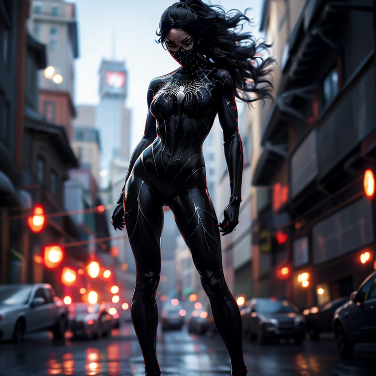 Spider mj, Red long hair, in a black outfit with a spider in the center of his chest in white, Organic-looking outfit, sticky forehead, symbiote, blue eyes,sexy pose hourglass body, big breasts, visual art, PS5 cinematic screenshot, Highly detailed, detailed cinematic rendering, ultra photorealistic raytricing, with cinematic lighting, full body shot standing tall hands on hips smiling at viewr 