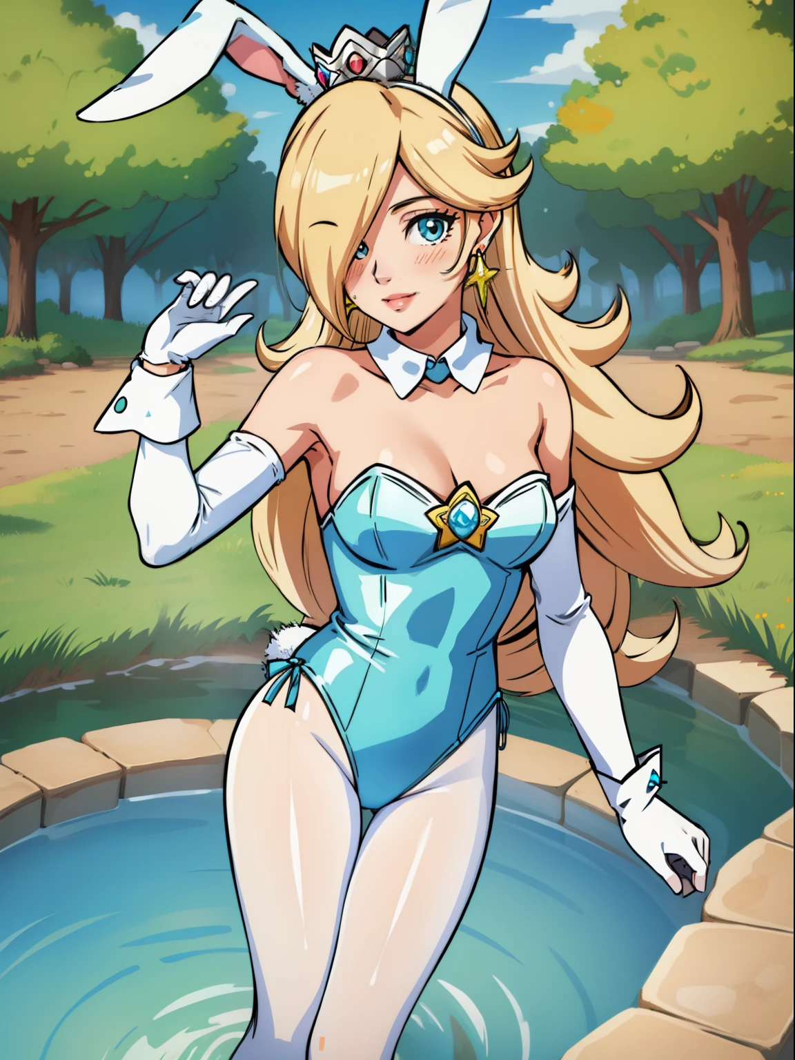 rosalina, crown ,1girl, solo, small breasts, ,earrings glossy lips ,looking at viewer, blush, large breasts, nature, pond, trees, park, long white elbow satin gloves, holding, animal ears, cleavage, bare shoulders, jewelry, very l, gentle smile, pantyhose, earrings, fake rabbit ears,  leotard, fake animal ears bunny, long white elbow gloves