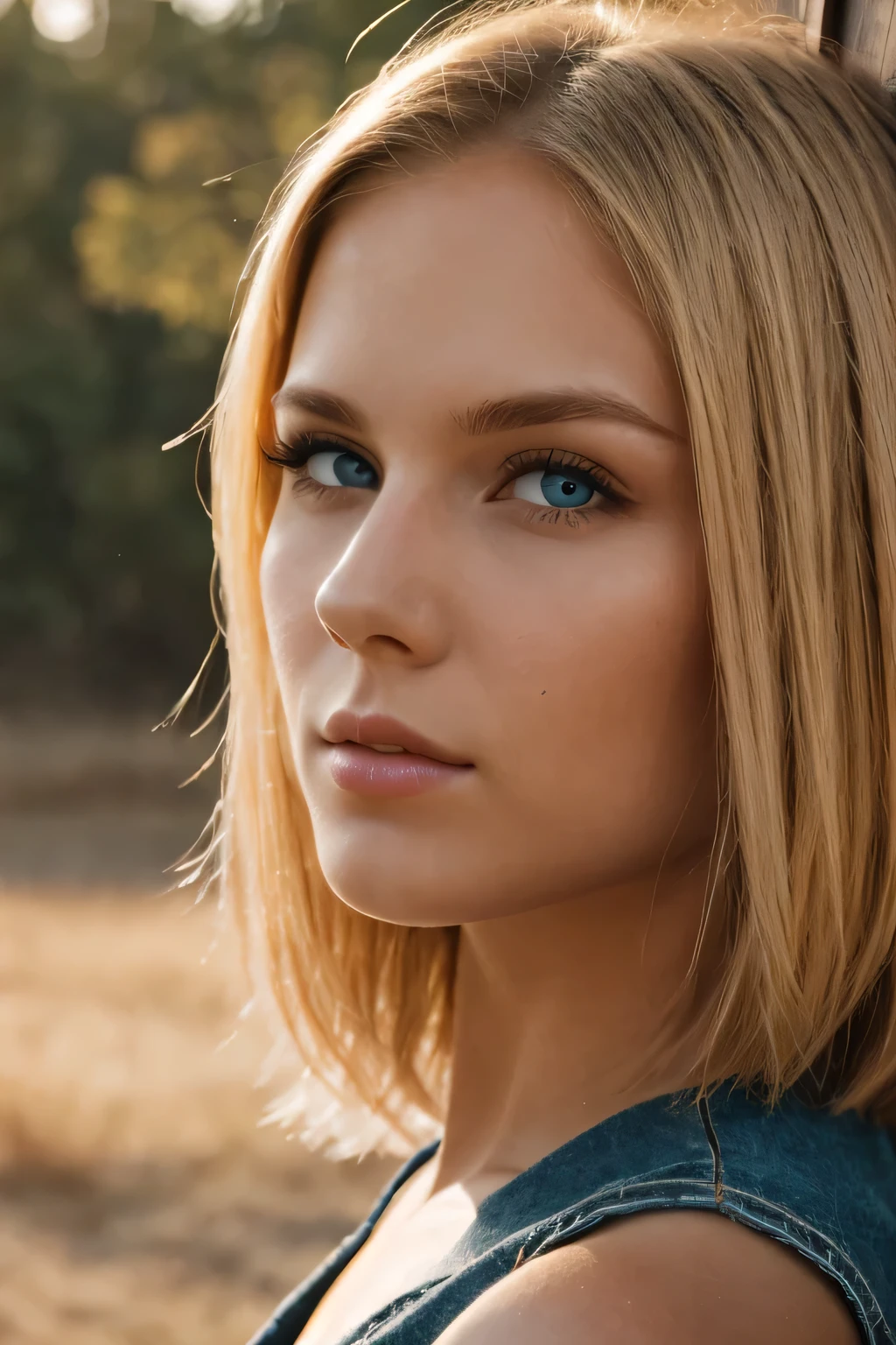 1 Mädchen, jung, blondes Haar, Kurzes Haar, Dunkelblaue Augen, (Detailliertes Gesicht), ((Seite des Gesichts)), (Cowboy-Schuss)