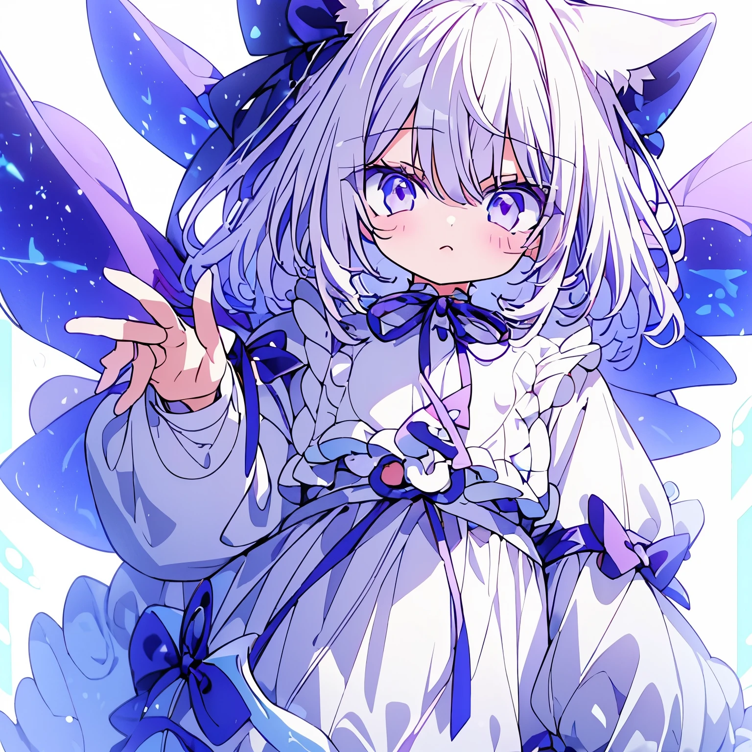 A 3'6 smol catgirl kid with white hair and violet eyes. The white hair has a small hint of violet in it too. She is very cute and usually has a happy expression. She wears a white hoodie that is oversized. She is around 5 years old too.