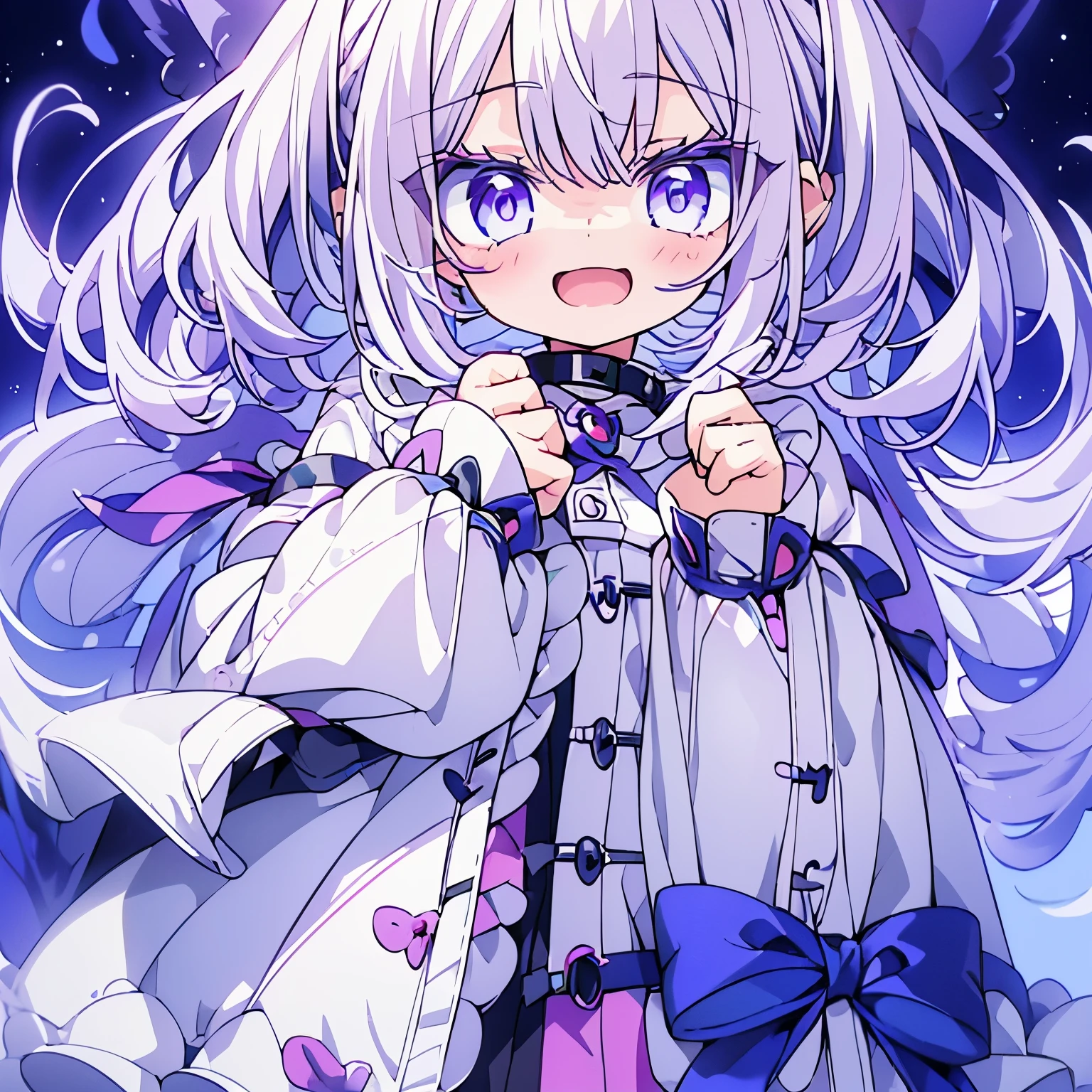 A 3'6 smol catgirl kid with white hair and violet eyes. The white hair has a small hint of violet in it too. She is very cute and usually has a happy expression. She wears a white hoodie that is oversized. She is around 5 years old too. Create an image that shows a lot of expression