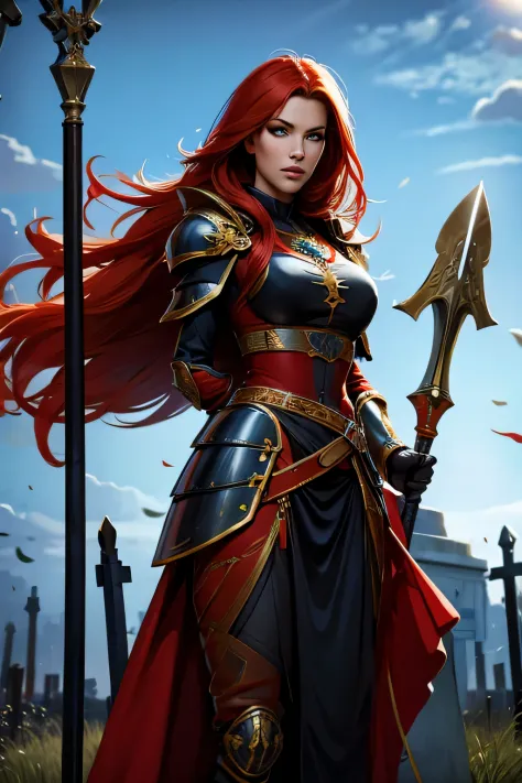 1 red hair girl Magdalena wearing holy armor and black suit, on graveyard at night, holding holy spear, solo, digital art, realistic art, best quality, masterpiece
