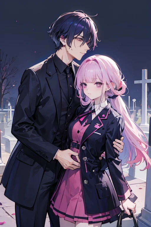 A navy haired male reaper with silver eyes is carrying a pink haired girl with violet eyes through a cemetery
