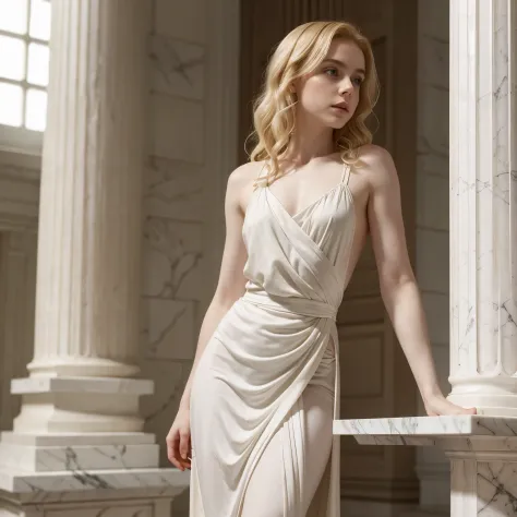  pale skin Sophia Lillis standing on top of a marble pedestal, white toga, long wavy blonde hair, thick body, 