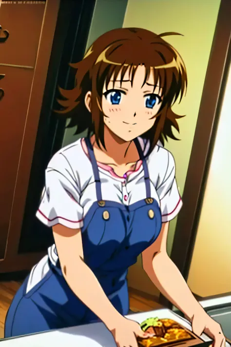1 mature woman aoi kashima, wearing white shirt and jeans, sitting at dinner table, wearing pink apron over clothes, anime style, soukan yuugi style, brunette short hair, solo girl, naive smiling while eating, kitchen background, 8k, best quality, 90s cell...