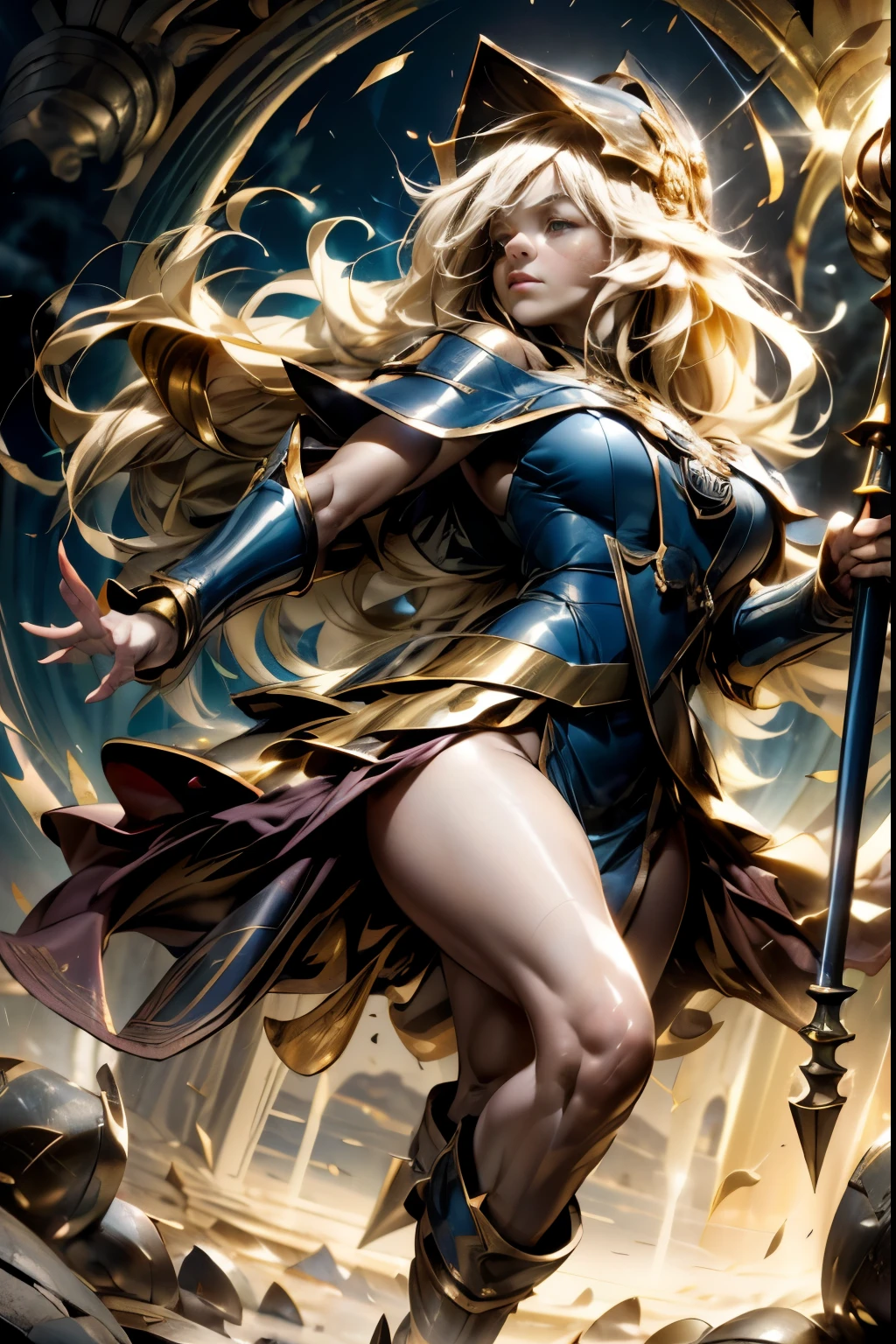 (1 Girl 2. cyan eyes. (Long curly golden hair, Scattered in a mess:1.2). (Dirty blue dress with gold embroidery). high-heeled shoes. Beautiful character face. detailed eyes and face, delicate features, (sexy). She fights in the middle of an underground labyrinth.), stone walls, Light fog. Outstretched hands. Brandishing weapons, Fencing. Body to body. Anxious environment. fantasy theme,. Dramatic lighting. Very detailed. side view.