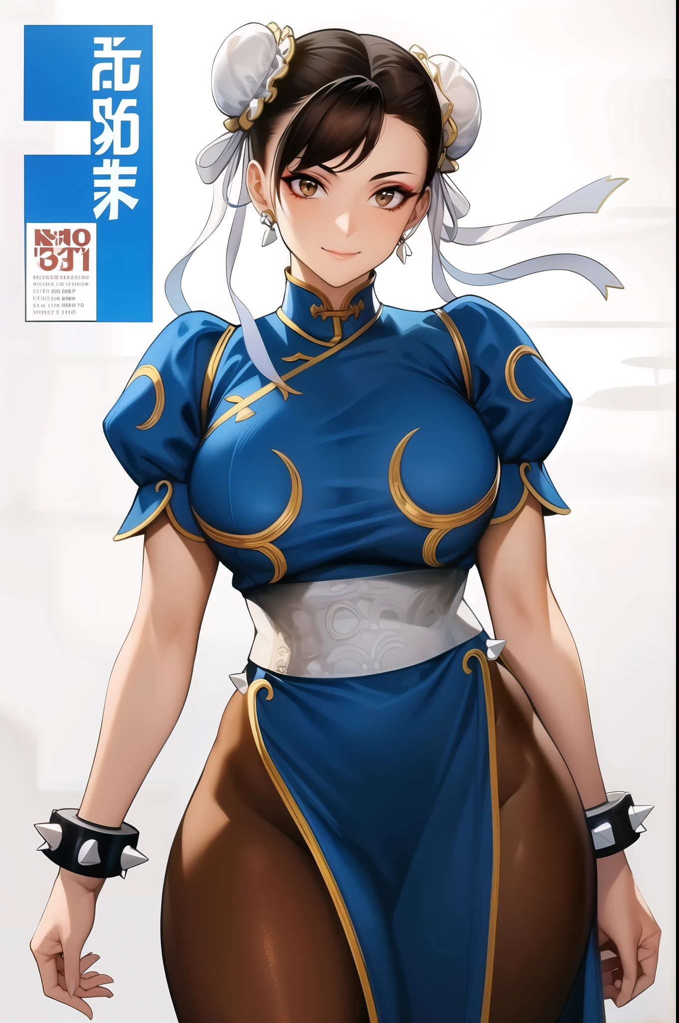 perfect eyes:1.2, detailed eyes:1.4, ChunLi, red eyeshadow:1.2, makeup:1.2, smile, closed mouth, white belt, qipao, nature, tree, brown eyes, short hair, brown hair, double bun, bun cover, blue dr.ess, pelvic curtain, spiked bracelet, sash, brown pantyhose, cowboy shot, 1girl, solo, (masterpiece:1.6, best quality), 8k, insane details, intricate details, hyperdetailed, hyper quality, high detail, ultra detailed, professional, HDR, ray tracing reflection, cinematic lighting,

