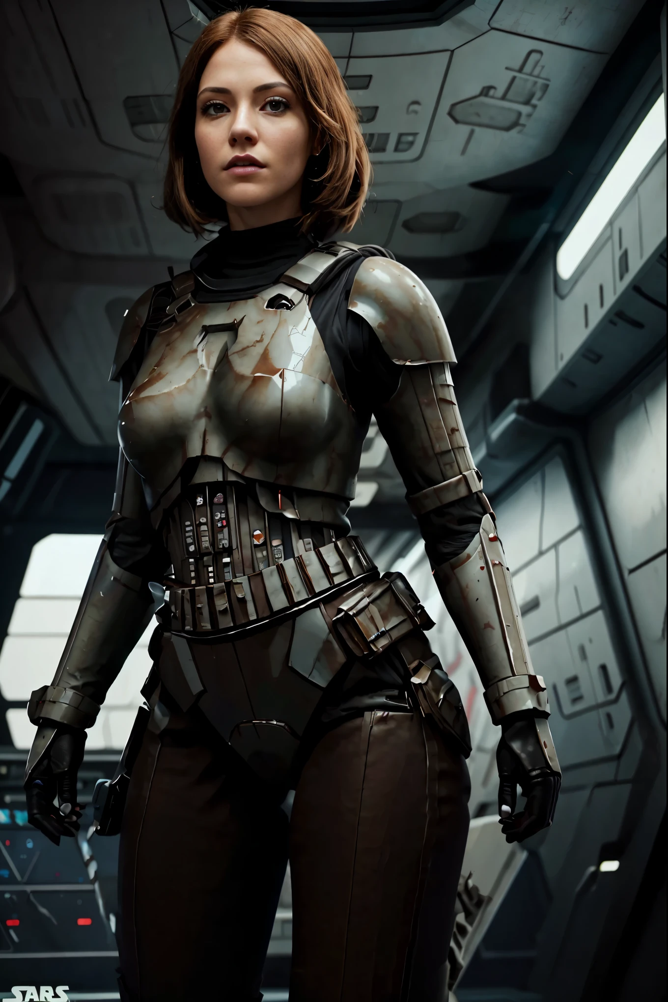 Hay una hermosa mujer rubia y gordita con una sexy armadura negra de soldado de asalto de Star Wars., imagen cuerpo completo, piernas largas, cintura pequeña, cara con pecas, cabello rubio dorado largo, ojos azules, labios gruesos, pose sexy, trasero redondo, miembro de la tripulación de una nave espacial futurista, personaje femenino solitario, ciencia ficción hiperrealista realista, cinemática muy detallada, personaje femenino de ciencia ficción, 8k de alto detalle e intrincado, mujer de ciencia ficción, retrato vfx muy detallado de, ciencia ficción muy detallada