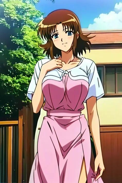 1 mature woman aoi kashima, wearing long beautiful pink dress, anime style, soukan yuugi style, brunette short hair, 8k, best quality, 90s cell shading anime style, solo girl
