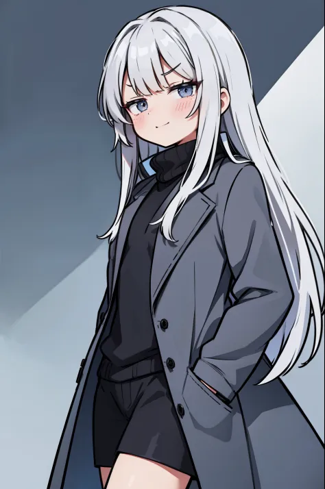 1girl, solo, a girl standing, small breasts, flat chest, from side, curvy, smug, large smile, proud, gray hair, very long hair, long bangs, gray eyes, (suit coat), elegant overcoat, very long coat, turtleneck sweater beneath, black sweater, black coat, bla...