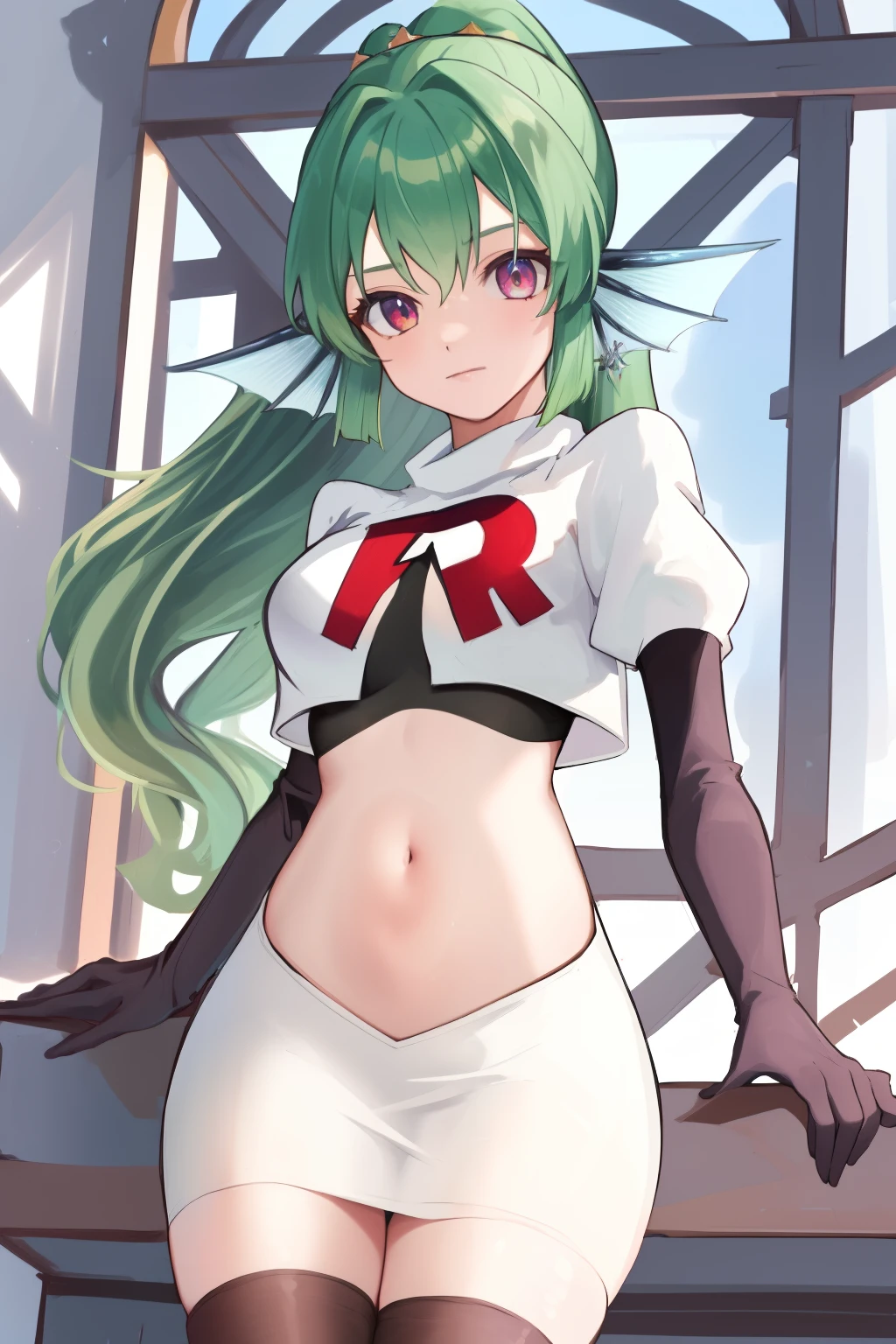 masterpiece, detailed, high quality, absurdres, finana, 1girl, solo, head fins, ponytail, green hair, navel, long hair, looking at viewer, cowboy shot, hair ornament, medium breasts, bangs, team rocket,team rocket uniform, red letter R, white skirt,white crop top,black thigh-highs, black elbow gloves,