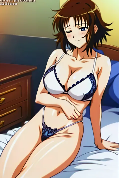 1 mature woman aoi kashima, sleeping with eyes closed, blushing heavily, lying in bed wearing lace lingerie, anime style, soukan yuugi style, brunette short hair, 8k, best quality, 90s cell shading anime style, solo girl, full body