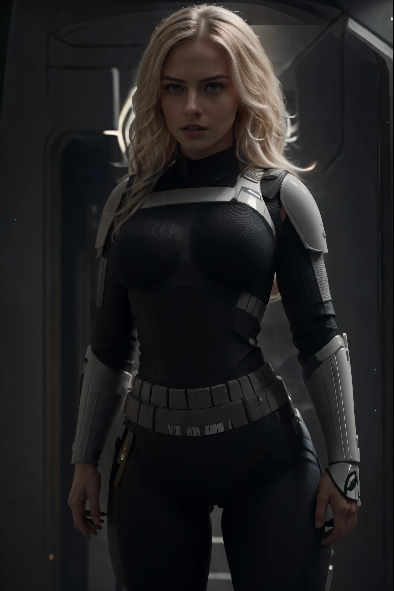 there a beautiful thick busty blonde woman in a sexy stormtrooper black armor from star wars, voluptuosa , imagen cuerpo completo, piernas largas, small waist, face with freckles, cabello rubio dorado largo, ojos azules, labios gruesos, pose sexy, trasero redondo, futuristic starship crew member, solo female character, hyper realistic sci fi realistic, cinematic highly detailed, sci fi female character, 8 k high detail and intricate, sci-fi female, highly detailed vfx portrait of, sci-fi highly detailed