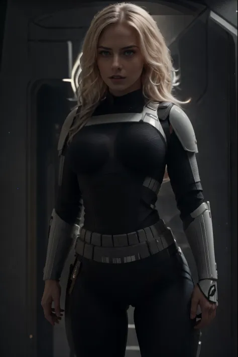 there a beautiful thick busty blonde woman in a sexy stormtrooper black armor from star wars, voluptuosa , imagen cuerpo complet...