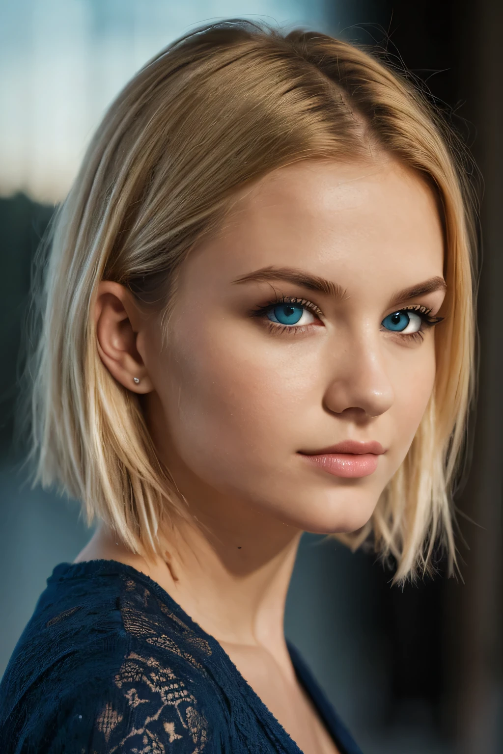 avrora, 1girl, young, (((full body photo))), blond hair, short hair, dark blue eyes, (detailed face), (((side of face))), seductive clothing, seductive expression