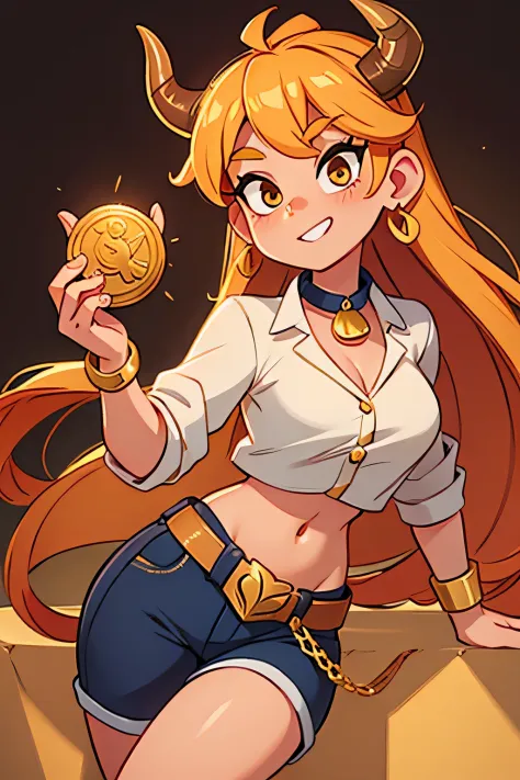 golden coin with a bull, attractive girl