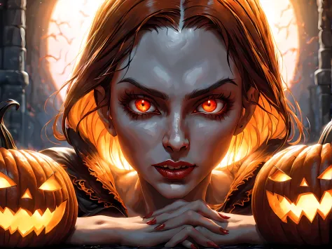 Pumpkin carved art of female vampire carved from pumpkin, glowing red eyes, reflection light, high details, best quality, 16k, [...