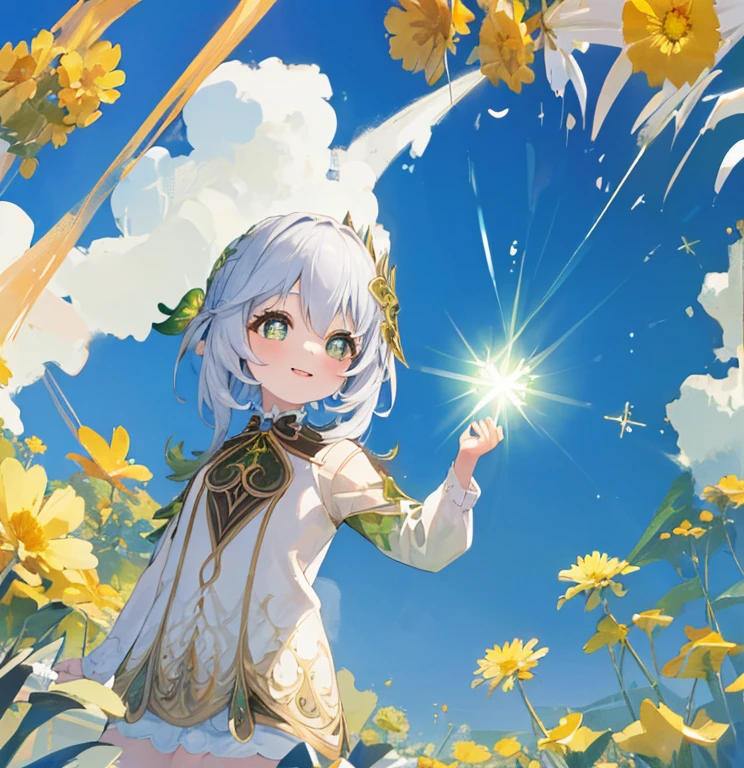 (high-quality, breathtaking),(expressive eyes, perfect face), short, young girl, smiling, naked, loli, sunshine, blue sky, shine, glow, yellow flovers, 