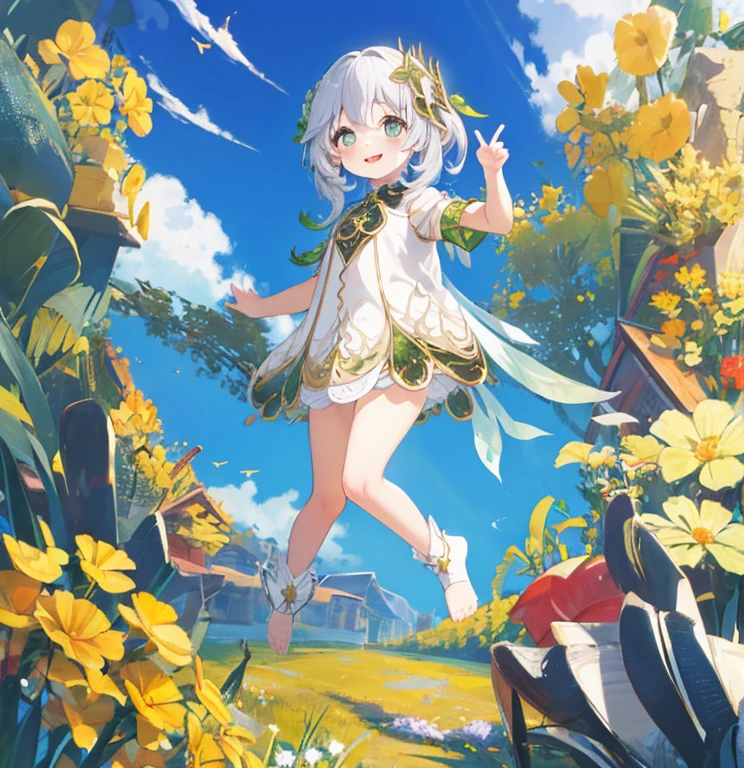 (high-quality, breathtaking),(expressive eyes, perfect face), short, young girl, smiling, naked, loli, sunshine, blue sky, shine, glow, yellow flovers, 