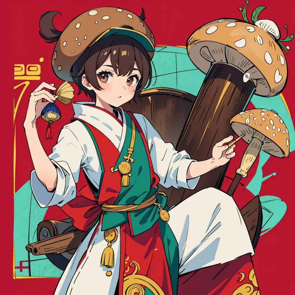 1 boy, brown hair, mushroom hat, chinese outfit, high res, wall paper, ultra sharp, masterpiece, zoomed in, looking at viewer