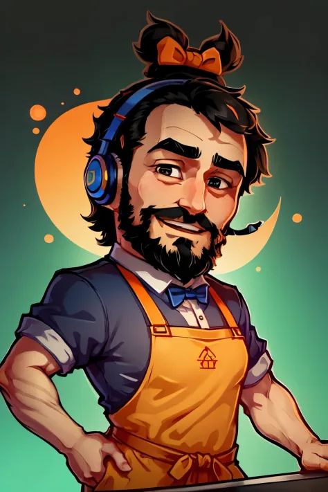 a stickers ,  man  who  a bartender. black short hair and full beard  using a orange blue colored gaming headset. He has a friendly face and wears a chefs uniform,complete with apron and bow tie, holding  joystick,represented with vibrant colors, happy exp...