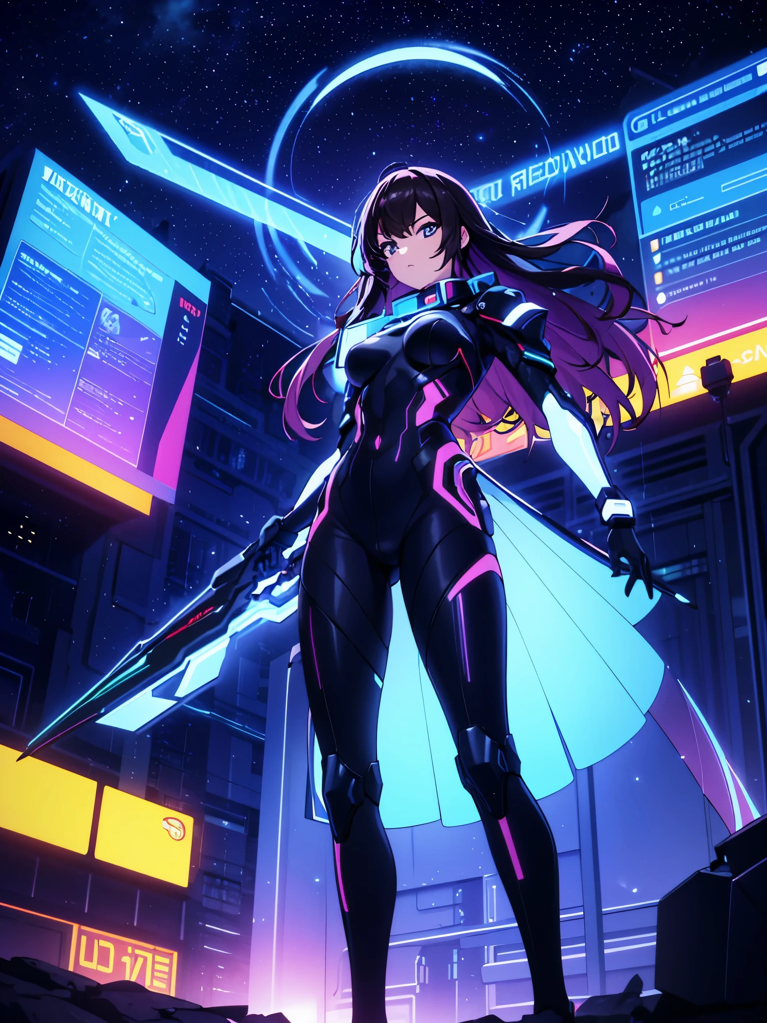 Realistic, spatial, futuristic, colorful outer space, High detail, super detail, super high resolution, Masterpiece, best quality, 4k, sky, cyber, depth of field, grunge, medium lenght dark hair, women, lens flare, RTX, slender legs, gorgeous cinematic lighting, cinematic, ray traycing, cinematic shot, battle pose, women holding giant neon sword
