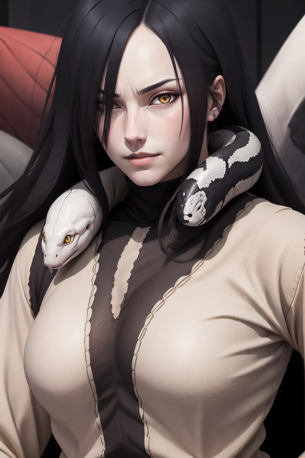 {-erro_de_anatomia:1.0} estilo anime, Masterpiece, absurdities, Orochimaru\(Naruto\), 1girl Solo, Mature woman, Oversized shirt with broad shoulders, Perfect composition, Detailed lips, large breasts, Beautiful face, body proportion, Blush, Long black hair, ( black hair), yellow eyes, Soft gauze, Super realistic, Detailed, photo shoot, Realistic faces and bodies, masterpiece, best quality, best ( white snake) illustration, hyper detailed, 1 girl, solo, glamorous, blushing, whole body, 