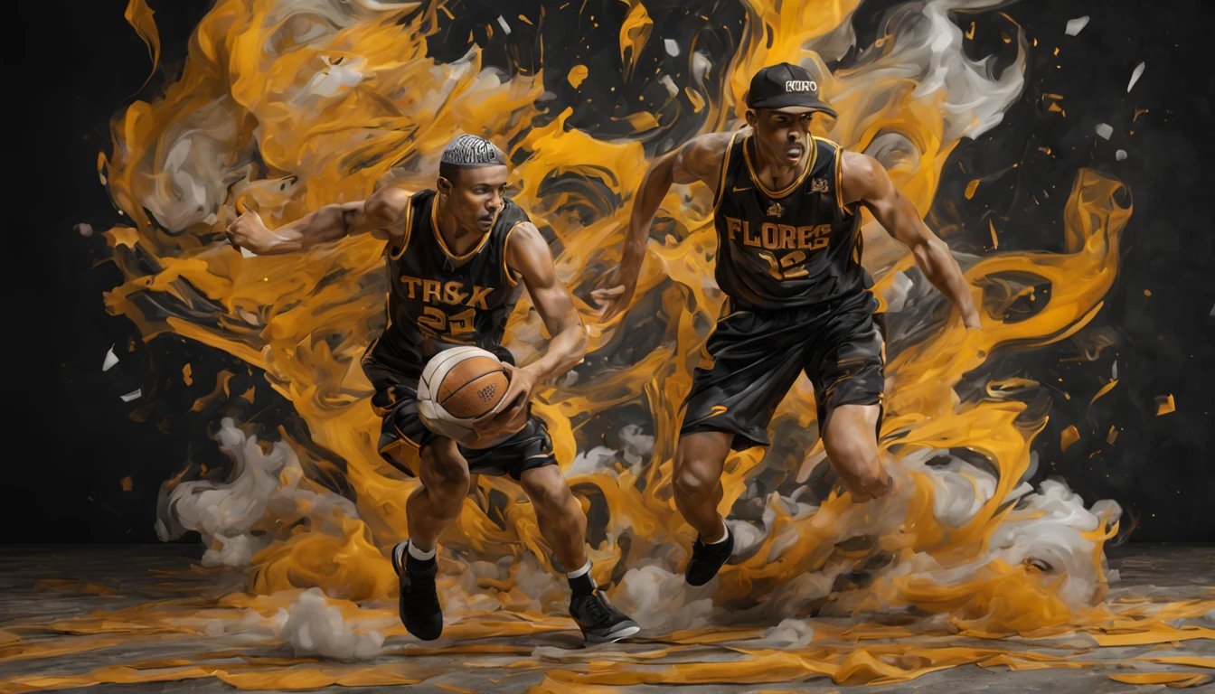 3D withe porcelain figure, 12k HD, playing basketball, wearing a dark and gold jersey, with the text "Flores", with a cap, with number 2, disintegrating into entrincated smoke colored. with a standing text. "ZAVALA". conseptual art. typography. graffiti. detailed, in the style of ink and smoke art, distortion fantasy, galaxy background