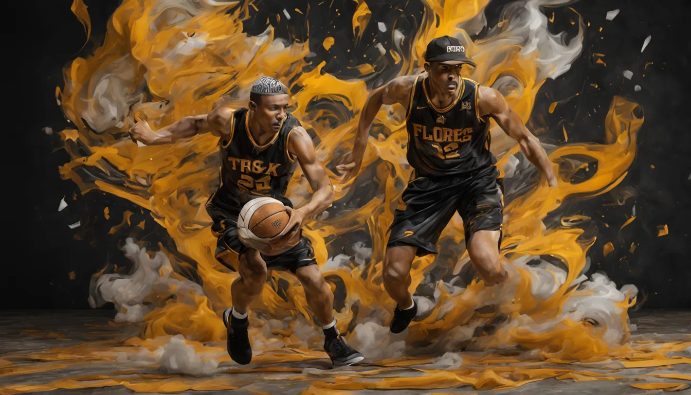 3D withe porcelain figure, 12k HD, playing basketball, wearing a dark and gold jersey, with the text "Flores", with a cap, with ...
