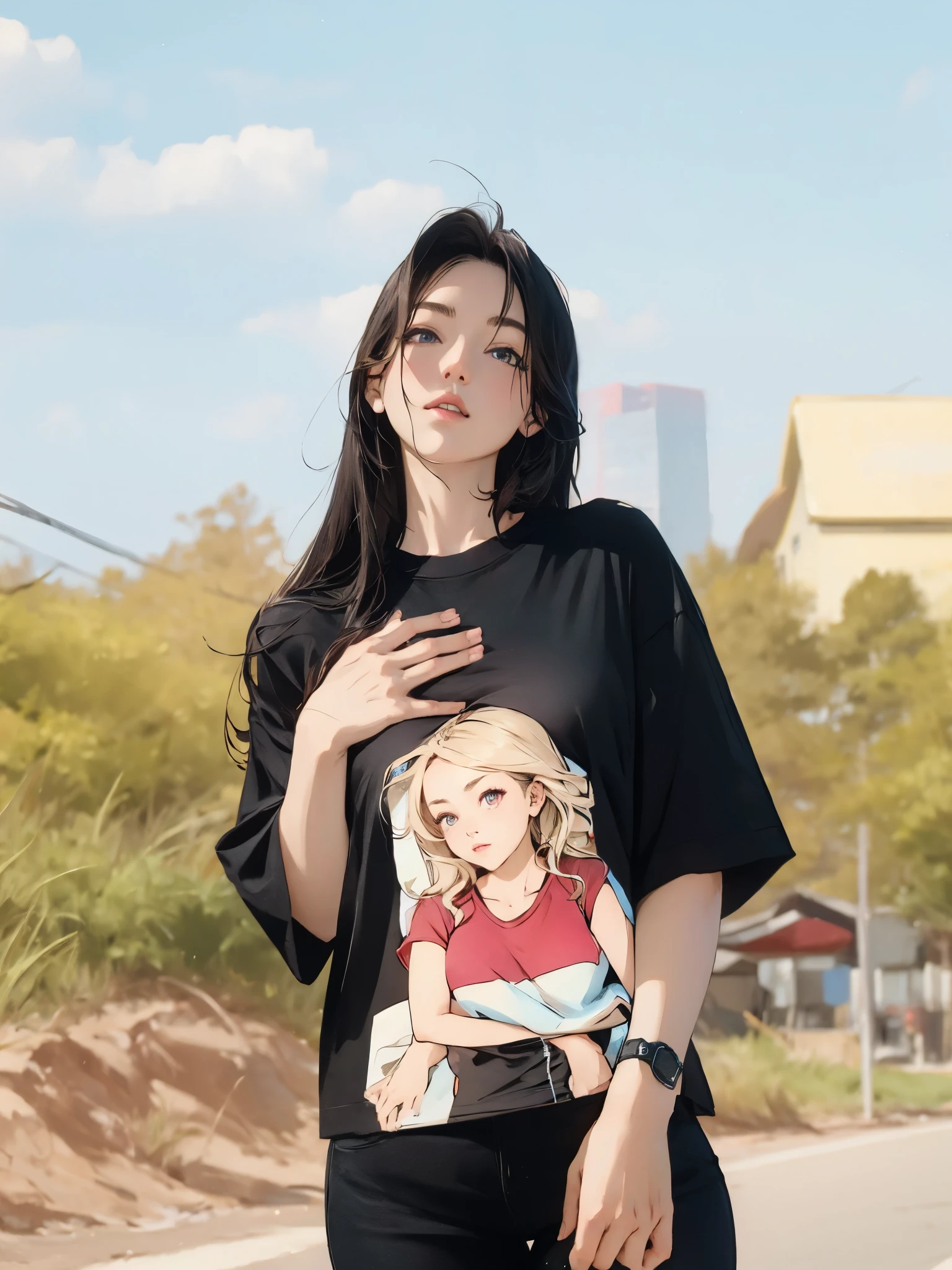 arafed woman in a black shirt with a picture of a girl on it, t-shirt, t - shirt, portait photo profile picture, asian girl, profile pic, ruan cute vtuber, from 8 k matte, young lady, photo of the girl,  my linh, in tshirt, tshirt, wearing black tshirt