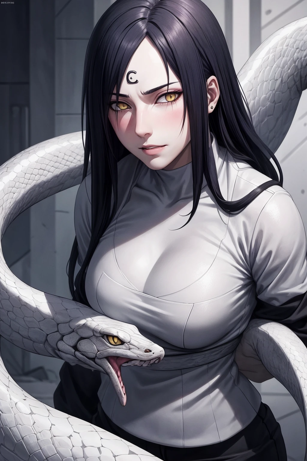 {-erro_de_anatomia:1.0} estilo anime, Masterpiece, absurdities, Orochimaru\(Naruto\), 1girl Solo, Mature woman, Oversized shirt with broad shoulders, Perfect composition, Detailed lips, large breasts, Beautiful face, body proportion, Blush, Long black hair, ( black hair), yellow eyes, Soft gauze, Super realistic, Detailed, photo shoot, Realistic faces and bodies, masterpiece, best quality, best ( white snake) illustration, hyper detailed, 1 girl, solo, glamorous, blushing, whole body, 