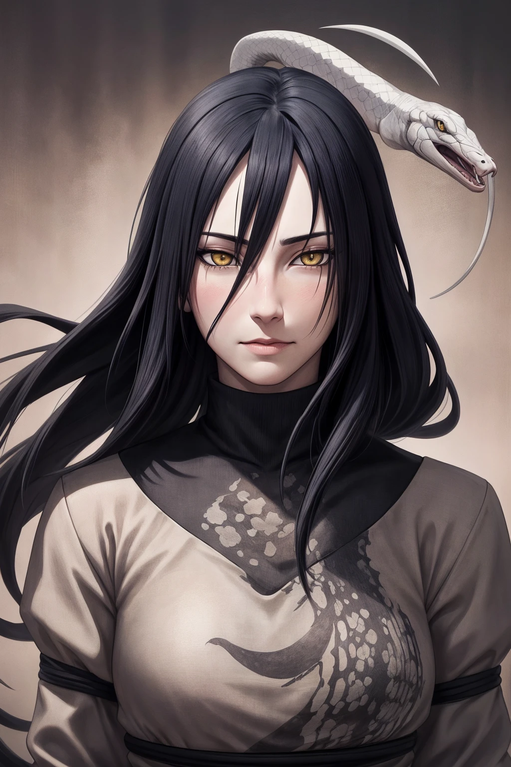 {-erro_de_anatomia:1.0} estilo anime, Masterpiece, absurdities, Orochimaru\(Naruto\), 1girl Solo, Mature woman, Oversized shirt with broad shoulders, Perfect composition, Detailed lips, large breasts, Beautiful face, body proportion, Blush, Long black hair, ( black hair), yellow eyes, Soft gauze, Super realistic, Detailed, photo shoot, Realistic faces and bodies, masterpiece, best quality, best ( white snake) illustration, hyper detailed, 1 girl, solo, glamorous, blushing, whole body, 