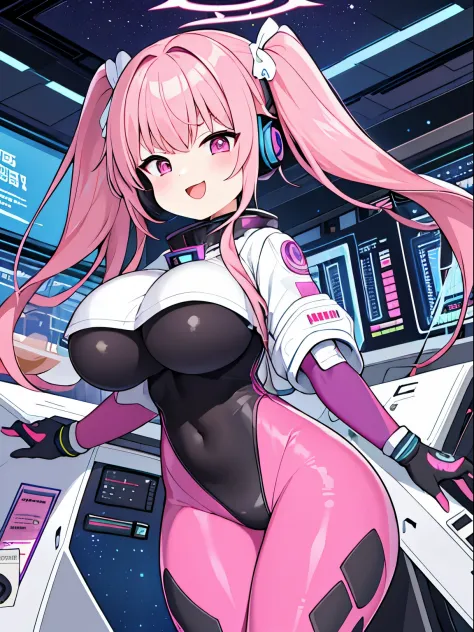 very detailed、masterpiece、high quality、one high school girl、12 years old、Loli、(white and pink space suit)、front zipper、(Futuristic, Tight Fit Bodysuit)、headphone、Cyberpunk space station interior background、(colorful pink hair),ロングtwin tails, (pink eyes), c...