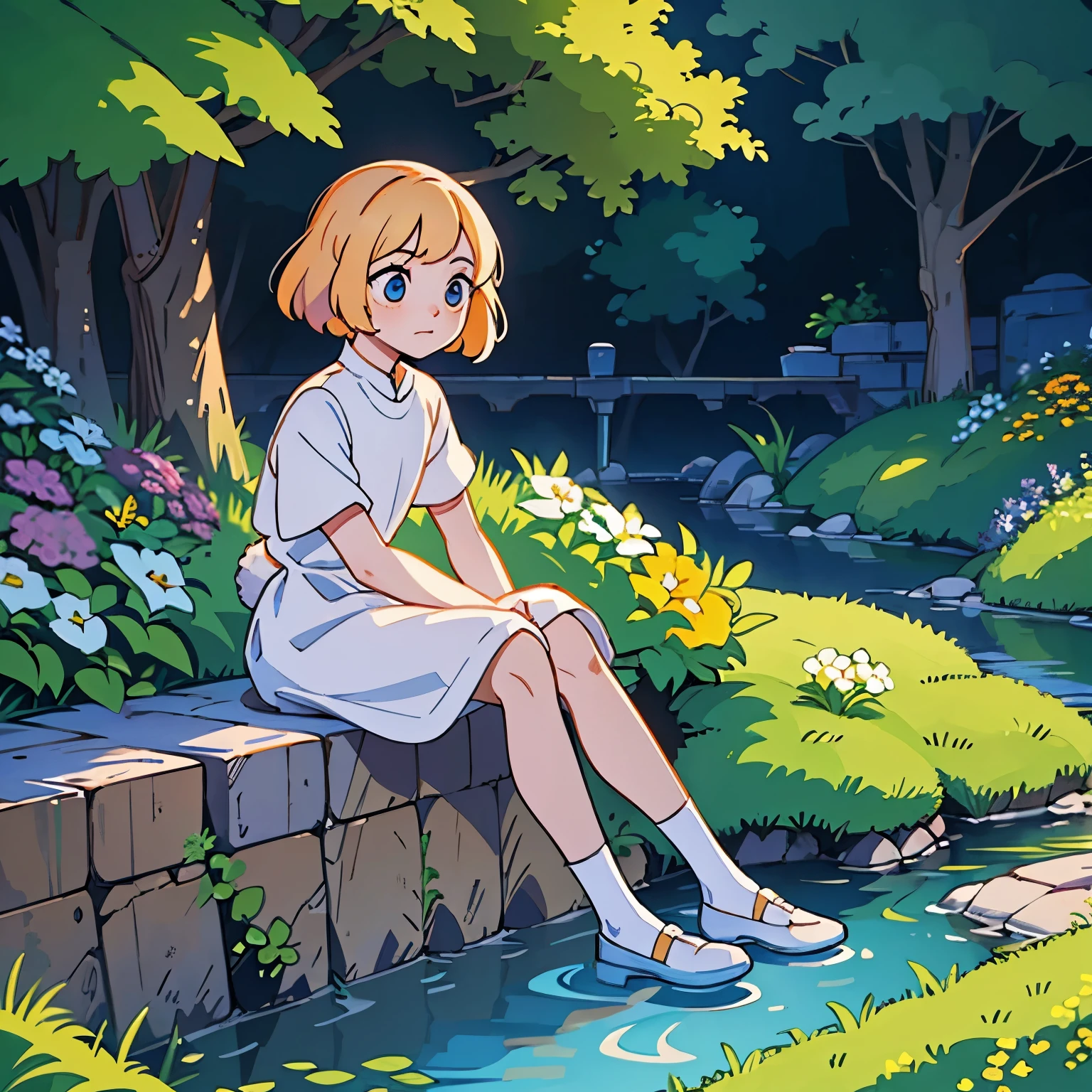 Beaultiful feminine boy, rabbit boy, white dress, light hair, garden, sitting by a river, beaultiful eyes, oranged eyes