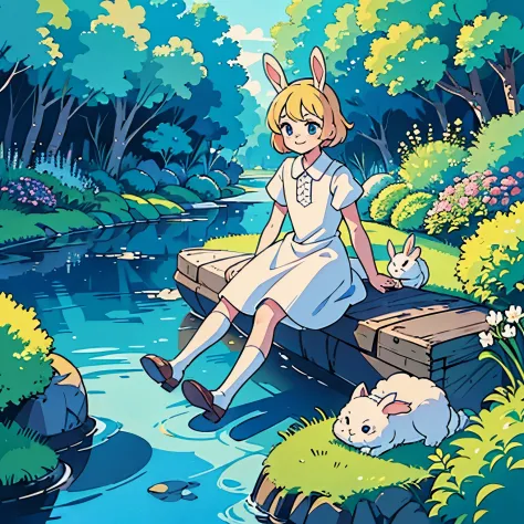 beaultiful feminine boy, rabbit boy, white dress, light hair, garden, sitting by a river, beaultiful eyes, blue eyes, happy expr...