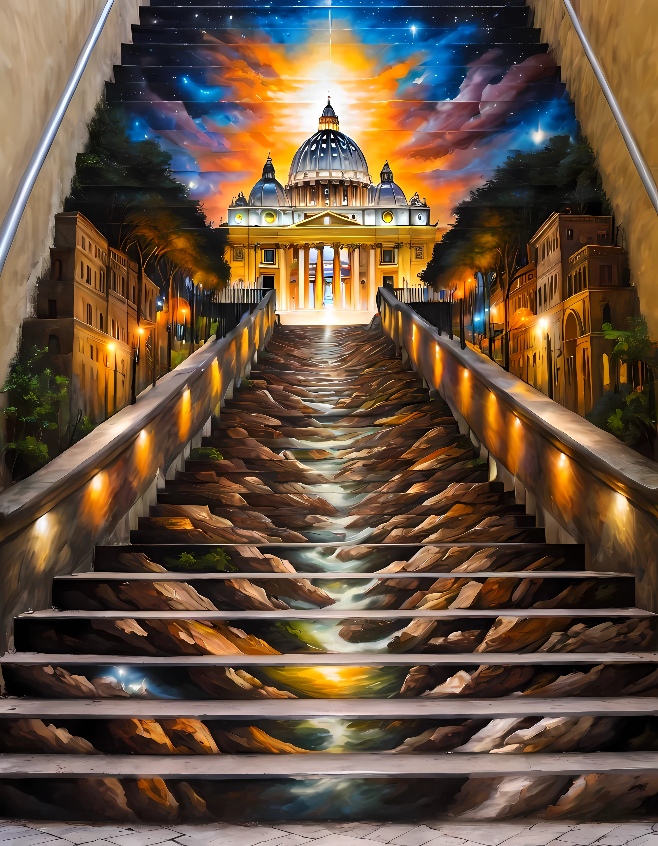 obra maestra, mejor calidad, arte de escalera, Vatican, Noche, Pintura al óleo renacentista, Escalera al cielo, divino, vibrante, fotografía-flash, alta saturación