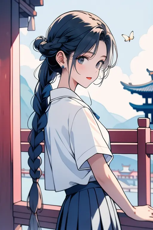 One  wearing a pure white shirt，Paired with azure blue pleated skirt，A girl with a peach blossom on her temple and braided hair