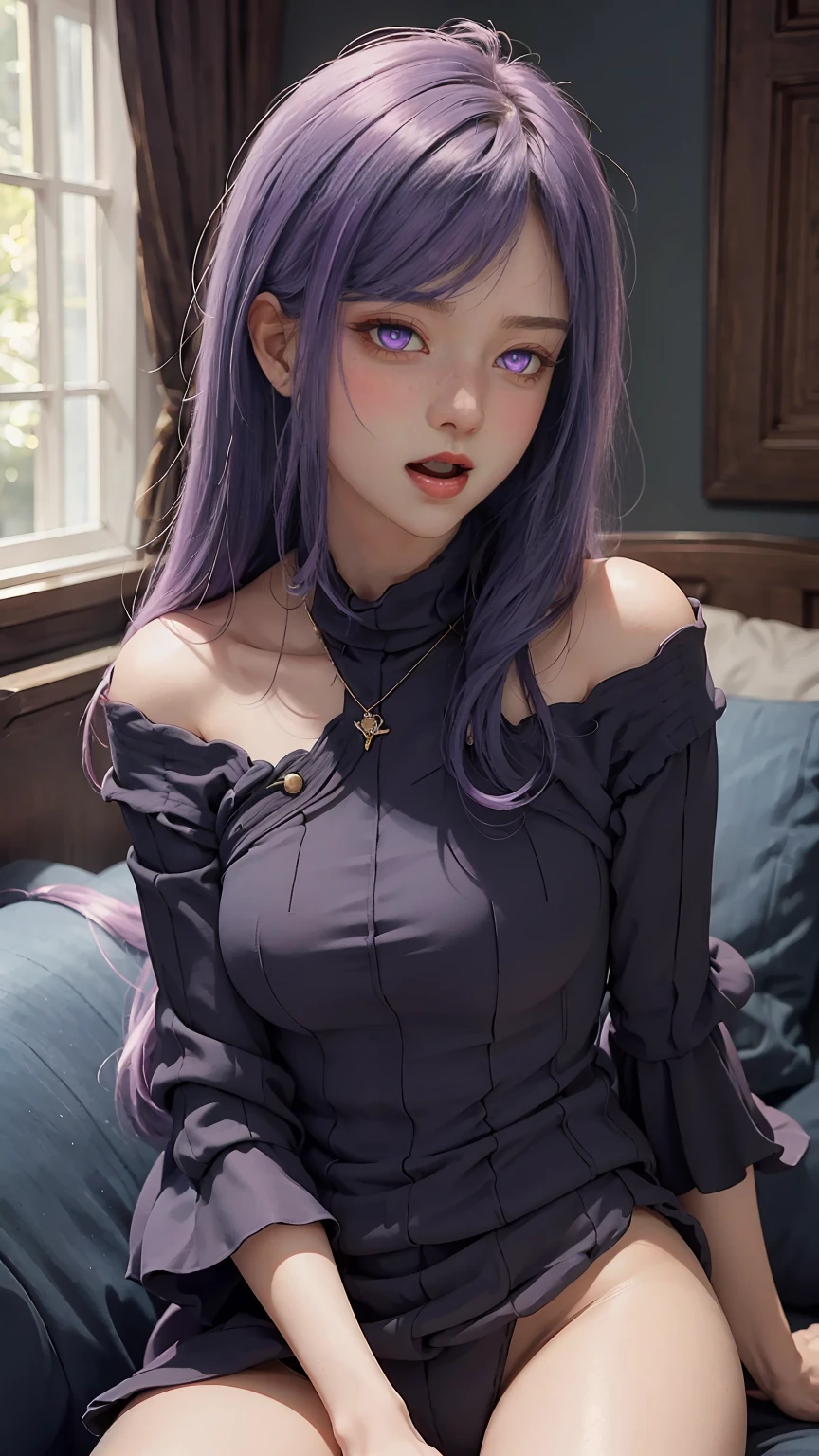 8K, Ultra High Definition, Super detailed, Shiny detailed hair, detailed face, fantasy landscape, solo, looking at viewer, {{best quality}}, {{masterpiece}}, {{ultra-detailed}}, {detailed light}, ultra high quality eyes, detailed eyes, perfect eyes, large eyes, detailed purple eyes, purple hair, long hair, adorned hair, beautiful, skinny body, white skin, slutty, erotic, suggestive, sitting with legs open, open legs, lingerie, in lingerie, blushing, open mouth, ahegao, ((nsfw))