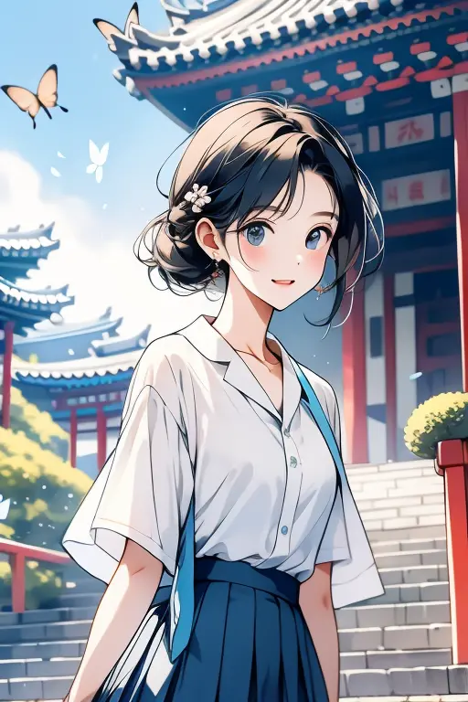 One  wearing a pure white shirt，Paired with azure blue pleated skirt，There  a peach blossom on the temple，girl with braidrom tim...