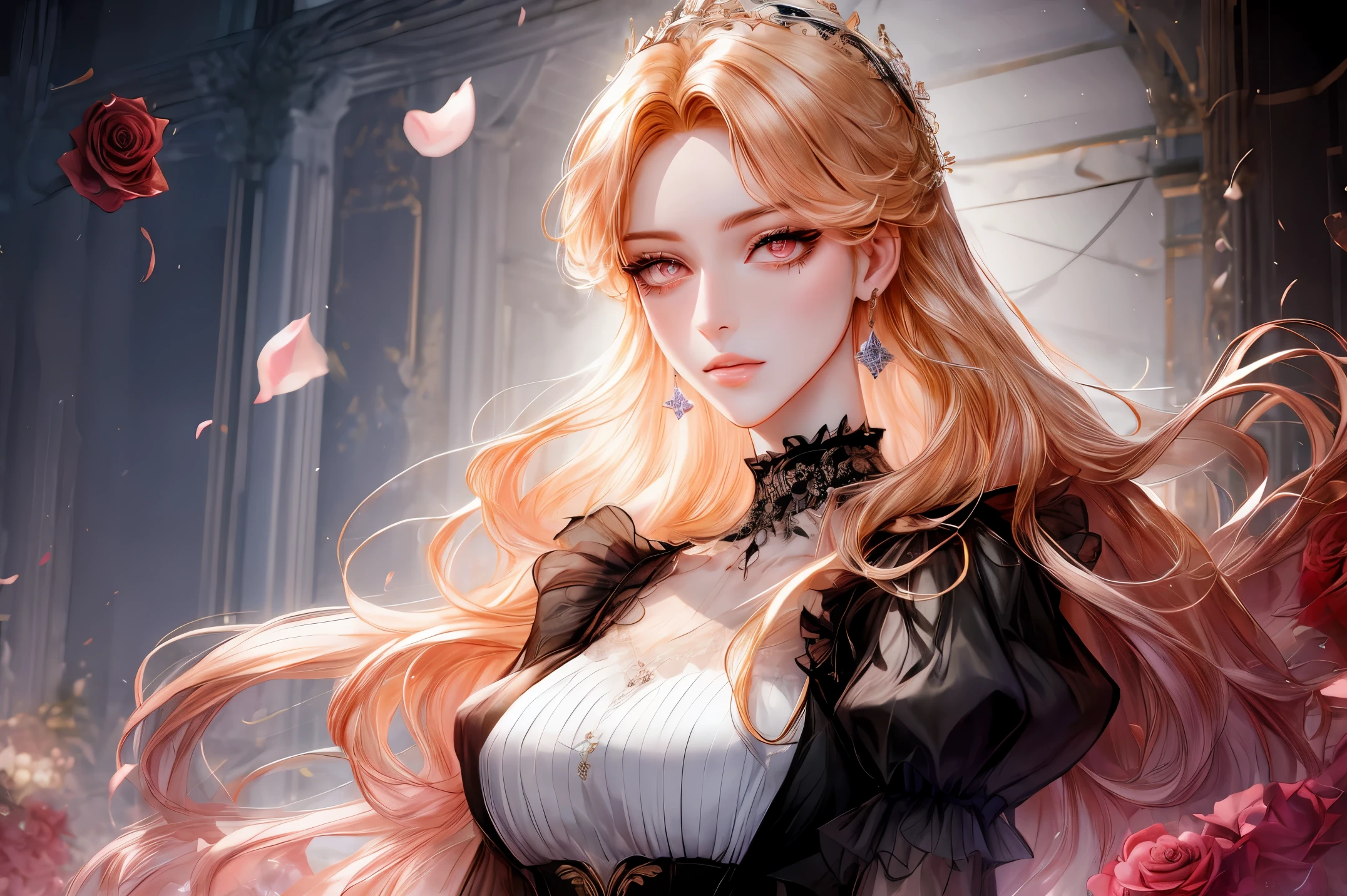 (((shoujo-style))), (romance manhwa), 1girl, blonde hair, solo, long hair, (earrings), flower, rose, crystalline, dress, tiara, white dress, gloves, long sleeves, choker, mascara, makeup, elbow gloves, bow, floating hair, bra, jewelry, looking at viewer, collarbone, puffy sleeves, golden accessories, upper body, parted bangs, very long hair, black dress, frills, bangs, closed mouth, outdoors, detailed eyes, dynamic cut,