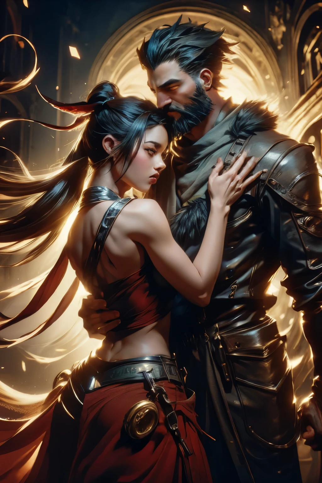 ((best quality)), (high detail), (original art), (1man), (1woman), (close up), (headshot), rugged face, 4 man with extremely short black hair and full thick beard, dark brown eyes, very intense gaze in his eyes, holding a woman with blond hair and brown eyes, (beautiful woman), embers of fire in the air, warrior spirit, HDR, 3D, digital art style.