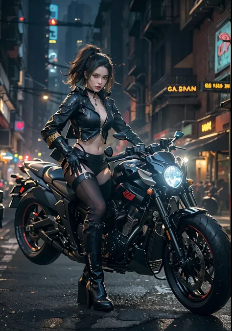 Huntress riding a high-tech motorcycle, Shoot high-tech artillery, Sparks from the gun, (1 female, brown eyes, white skin, Twin-...