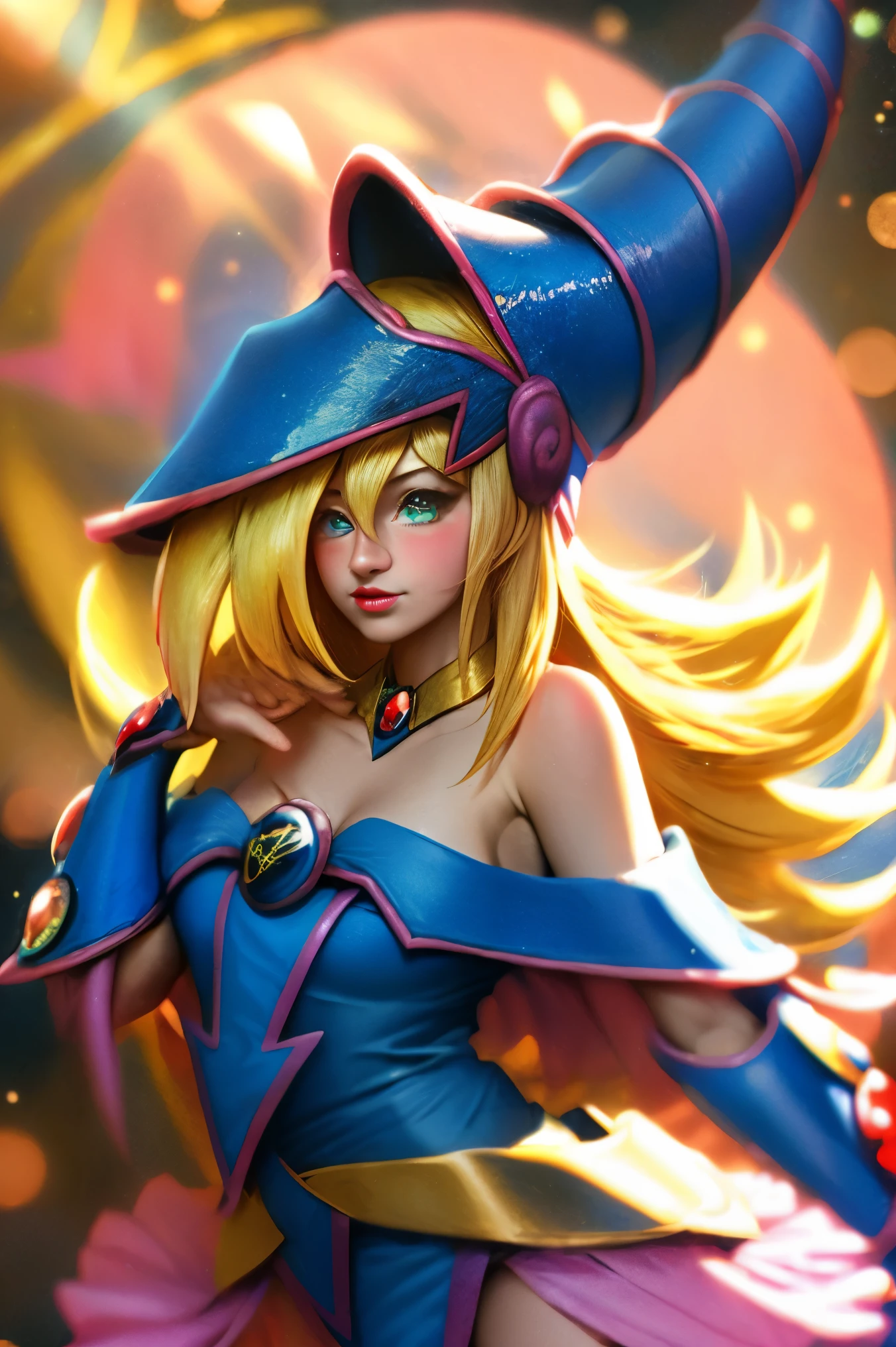 Dark magician girl, realista, 1girl, (Magical Girl:1.4), cabello largo y rubio, (ojos azules), (Cristales, bokeh brillante), Uniforme de dark magician girl, (pechos enormes:1.25), escote, caderas anchas, small waist, clavicle, labios separados, maquillaje, sonrojarse, piel brillante, Noche, reflecion, luna llena, Luz de la luna, rosa. Sexy